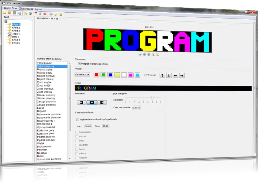 Program do obsługi ekranu panelu tablicy kolorowej